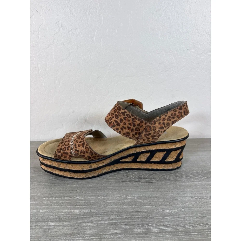 Rieker Antistress Leopard Print Wedge‎ Platform Sandals Buckle Brown Womens 40